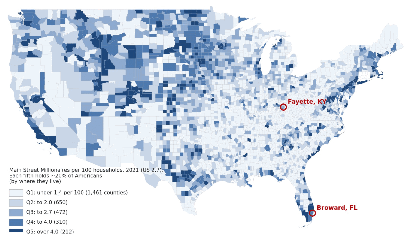 US county map shading each county by returns with AGI $200,000 or more reporting pass-through income per 100 households, 2021, in five fifths of Americans from under 1.4 to over 4.0, with Fayette County KY and Broward County FL circled